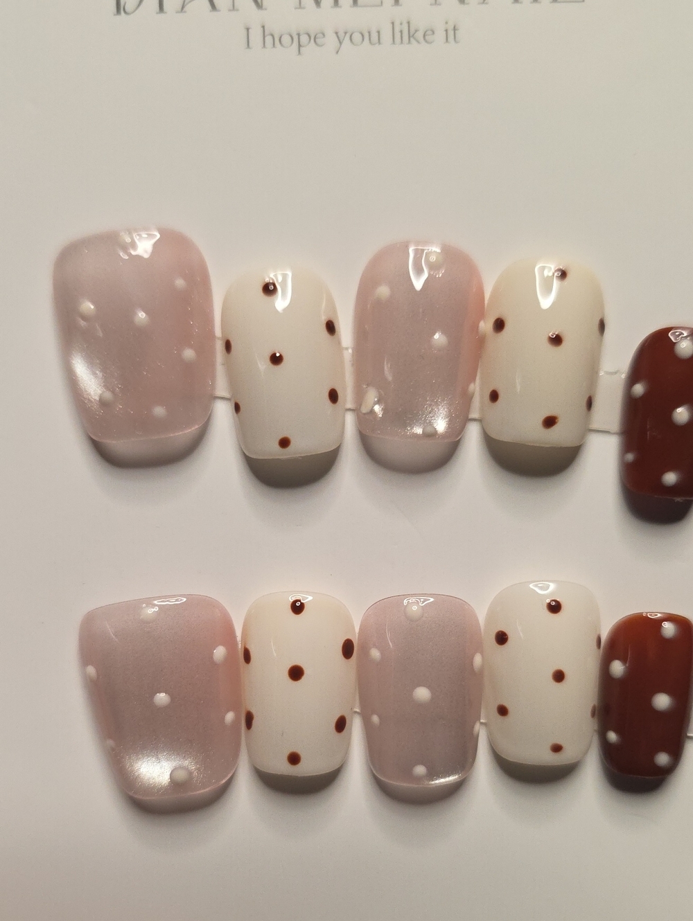 Polka Dot Press-On Nails - Pink, White & Brown Size Large